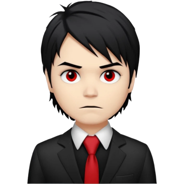 Gerard Way (Revenge Era)
Round, simplified emoji style
Pale skin tone dark eyes
Jet-black, shoulder-length hair messy and emo
Heavy eyeliner and slight red shadow under the eyes
Subtle serious
Hint of red tie visible on black button up shirt.
Transparent background. Black eyeliner. Messy emo hair emoji