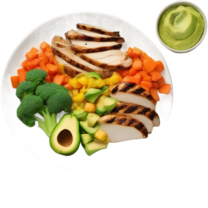 a large white round plate of realistic healthy food emoji