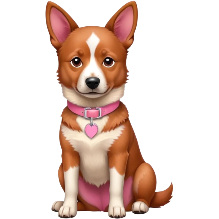 Australian red heeler dog sitting down facing forward, with a pink collar around neck emoji