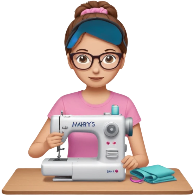 Woman with glasses and brown hair in pink t shirt meme with messy bun using a sewing machine add the words Mary’s Jellyroll Creations on the bottom emoji