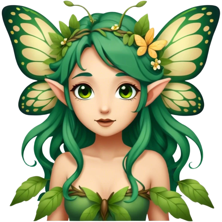 Cinematic Realistic Forest Nymph Fairy Portrait, head tilted playfully and inquisitively, showcasing a nature-inspired form with intricately detailed, sunlit tanned skin and cascading dark green hair interlaced with leaves and blossoms showing her large butterfly wings from her back. Her bright, curious eyes sparkle with forest mischief, rendered with lifelike clarity and warm, dappled lighting that captures the spirit of an enchanting woodland fairy ready to dance among the trees. emoji
