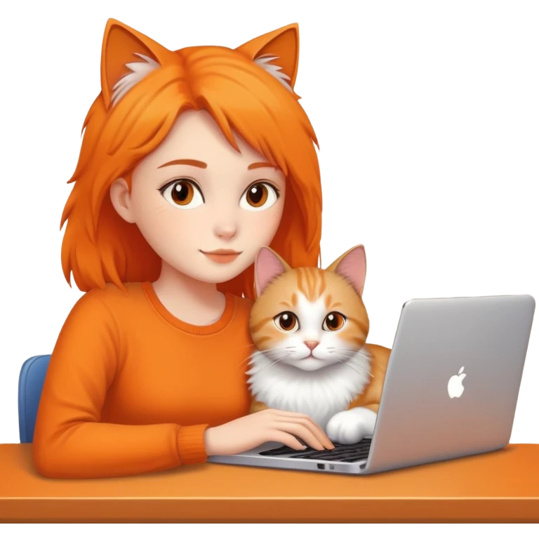 A girl is working on a laptop with a cat lying next to it emoji