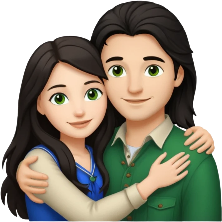 young Métis man and young white woman hugging, love, the woman has long dark hair and green eyes emoji