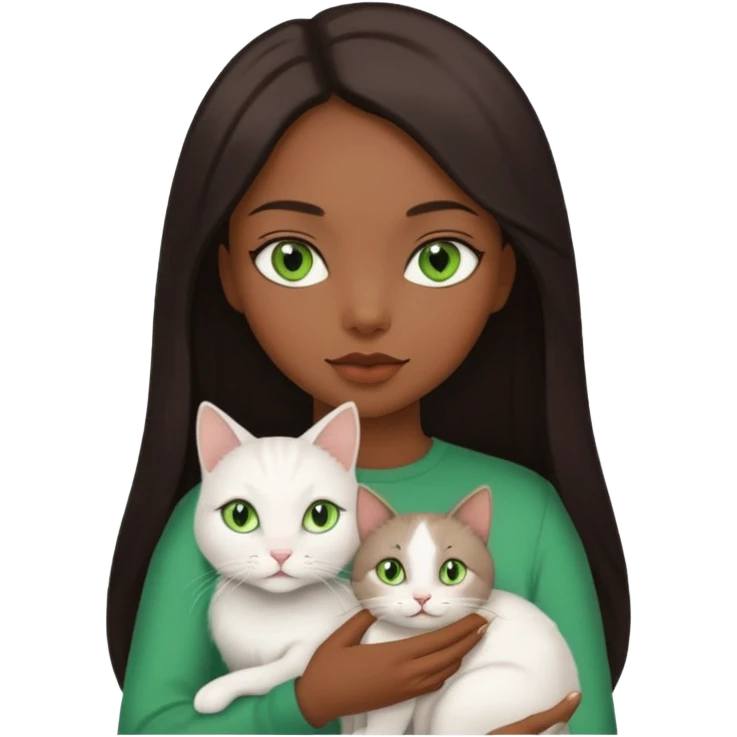black girl with straight long dark brown hair with a side part holding a female white cat with green eyes emoji