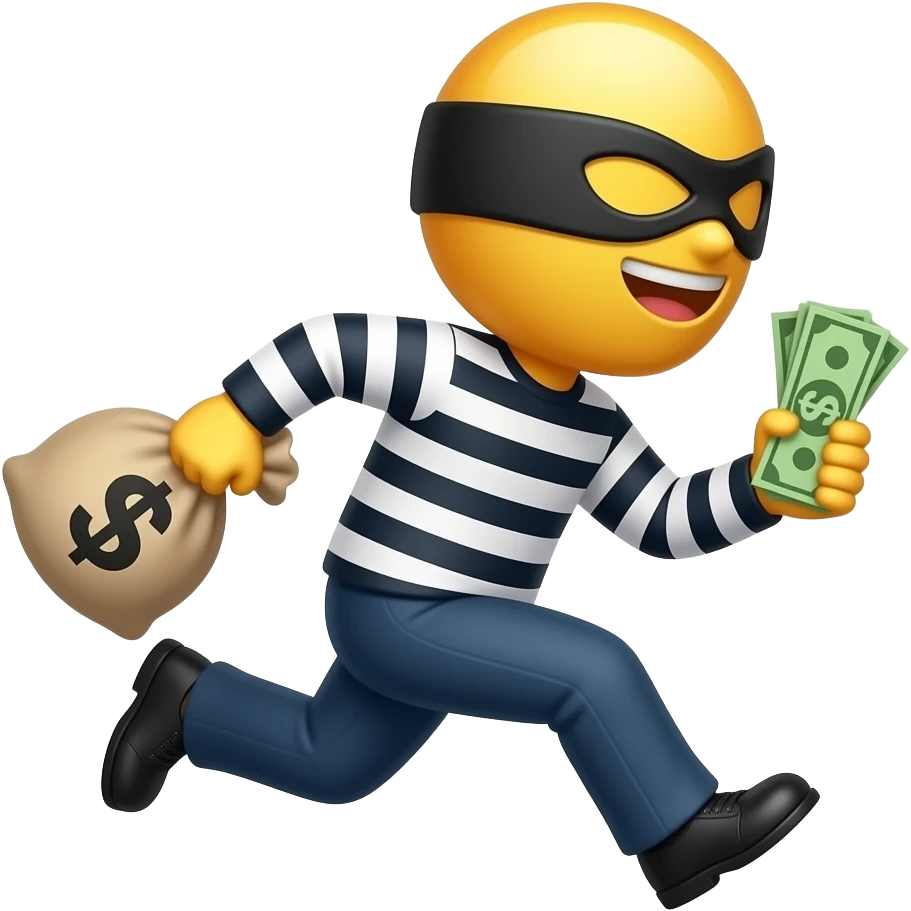 Generate a burglar emoji with with yellow skin that runs with a bah of money and make it in the graphic style of this emoji 🧍put less shading and make it more like that 🧍 and make the mask go more up on his face and make it in this style 💰🥷 emoji