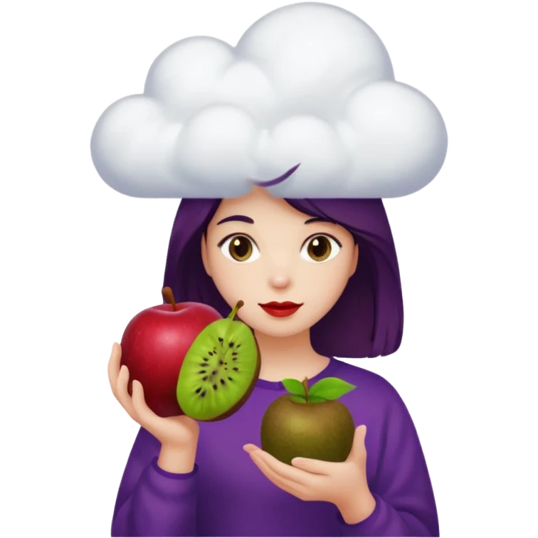 vanila aesthetic girl holding cloud and prune and apple & kiwi emoji