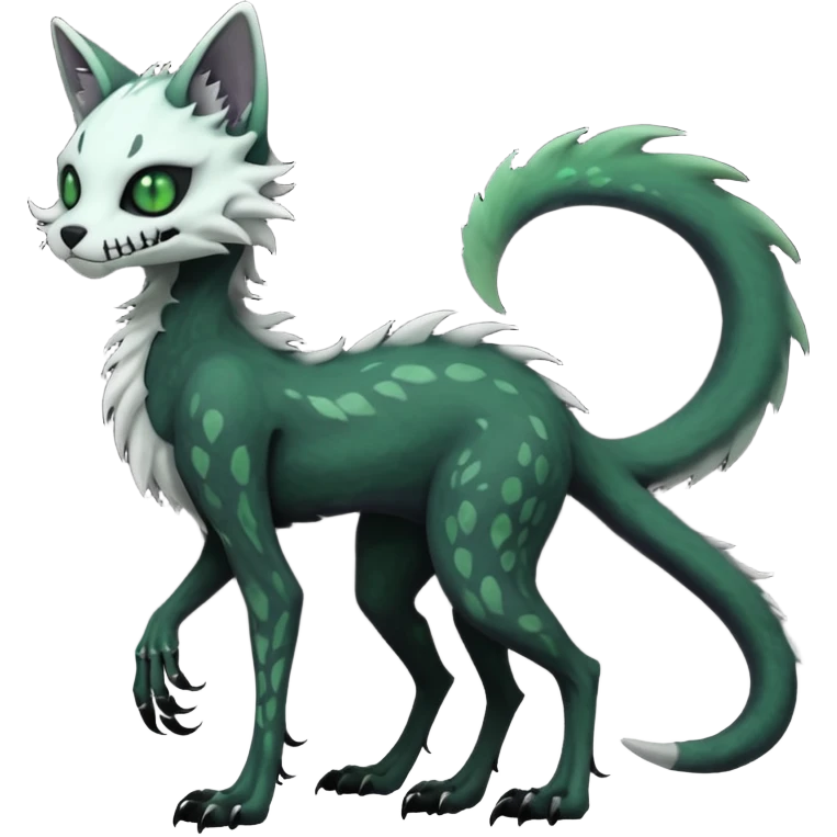 Scaley Kawaii spectral spooky dark bleak blackish swampy white-skeletal gloomy ghostly dark greyish dark-deep-greenish foggy eldritch beautiful realistic edgy fantasy ghoul-like stitched feline-vernid-sergal-fursona animal creature with a tufted tail full body with intricate markings  emoji