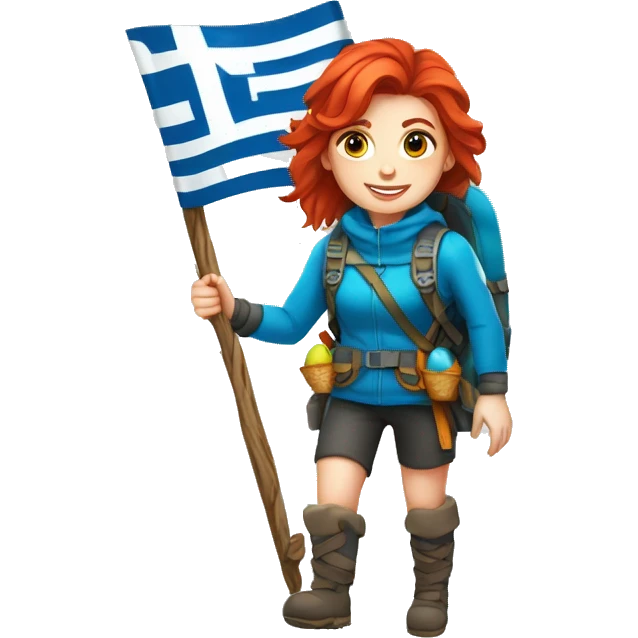 Female winter mountaineer red hair white skin climbing with Greek Flag and Easter eggs basket emoji