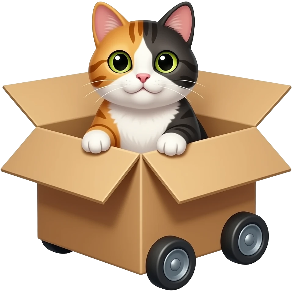 A cat in a cardboard box with wheels emoji