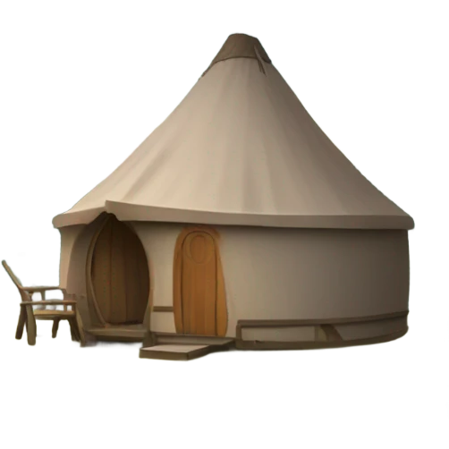 Cabin by a pond with a yurt emoji