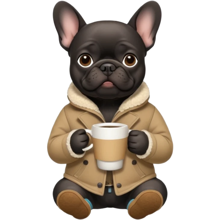 black frenchie with north face coat and uggs with coffee emoji