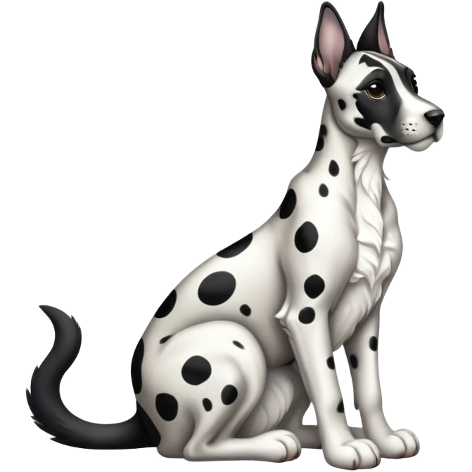 cinematic-[spotted dane]-realistic-full-body-sitting-emoji,-tail-resting-loosely-beside-its-paws,-head-tilted-dramatically, ears drooped, -sleek-[black and white]-fur,-simplified-yet-realistic-focused-features,-highly-detailed,-glowing-with-an-almost-sarcastic-glow emoji