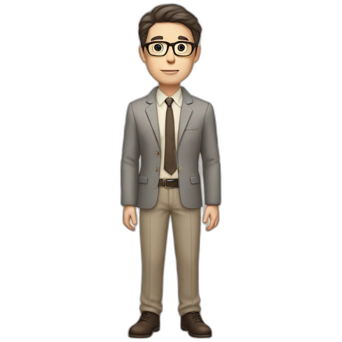 Full height Pale skinned Fit Man With dark brown hair in gray jacket, beige office shirt, tie, Brown pants and vintage glasses. Thrumbs of his palms directed up emoji