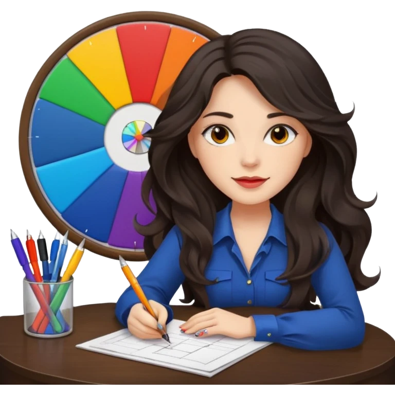 female dark wavy long hair graphic designer , big color wheel behind , pens, papers, desktop emoji