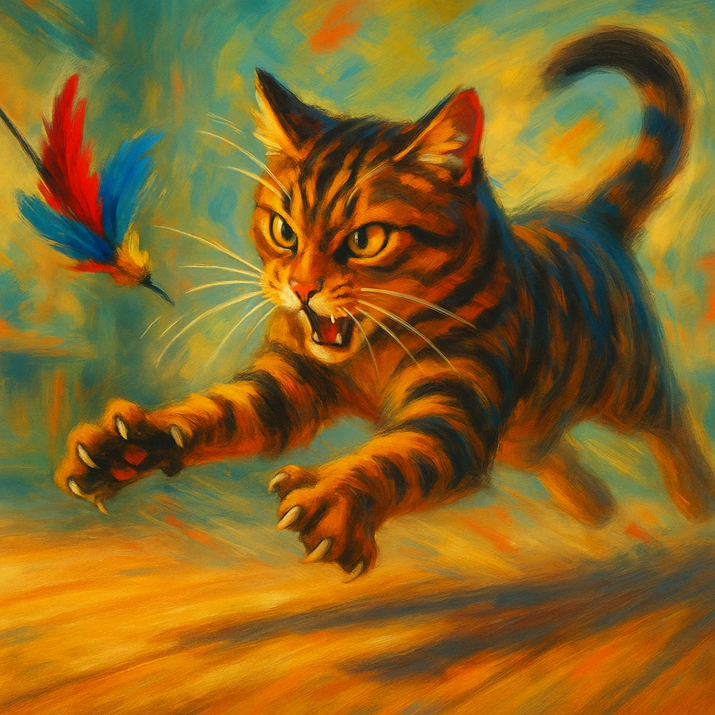 dynamic scene of a cat attacking a toy emoji