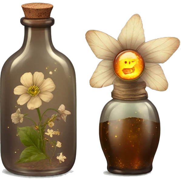 Brown magic fairy light sparkling old Antique bottle with poison and with herbal and flowers emoji
