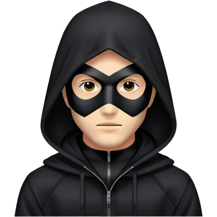 man with black hooded jacket and a full black full-face geometric mask with only black emoji