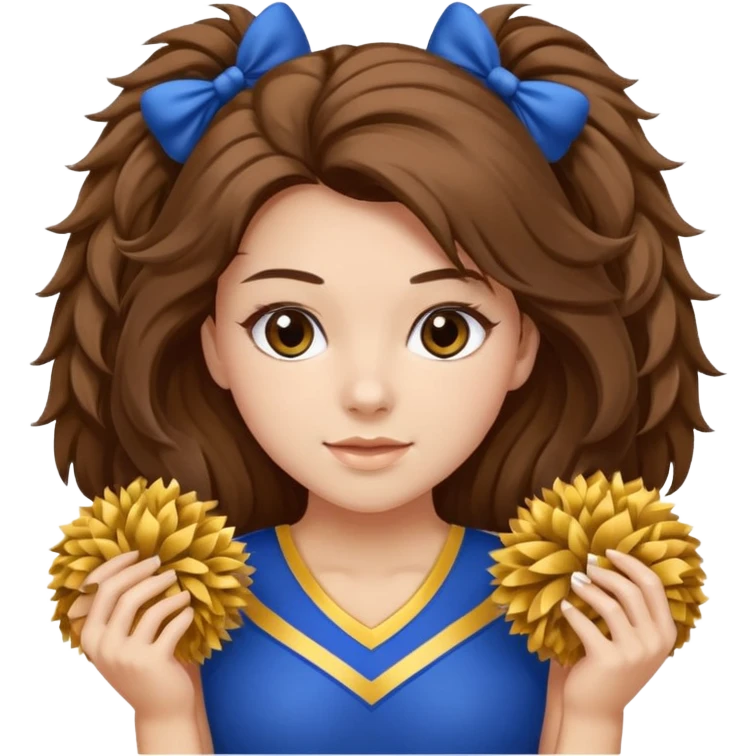 cheerleader with long brown hair and 2 pom poms blue and gold in each hand emoji