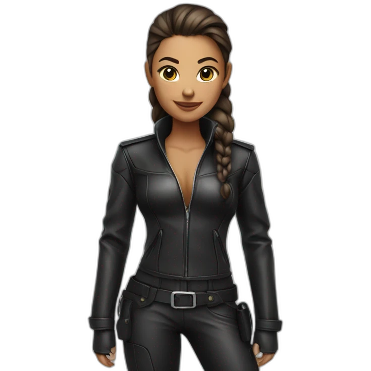 1 girl, leather suit, ponytail, smirk, leather boots emoji