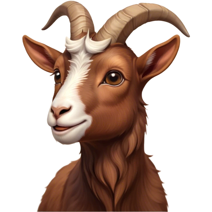 Cinematic Cute Brown Goat Portrait Emoji, Head tilted playfully and inquisitively, featuring a glossy, rich brown fur with charming curved horns, round, sparkling eyes filled with gentle curiosity, Simplified yet irresistibly adorable features, highly detailed, glowing with a warm, friendly glow, high shine, affectionate and lively, stylized with a touch of rustic whimsy, bright and endearing, soft glowing outline, capturing the essence of a mischievous yet loving goat, so playful it feels like it could trot out of the screen and into your arms! emoji