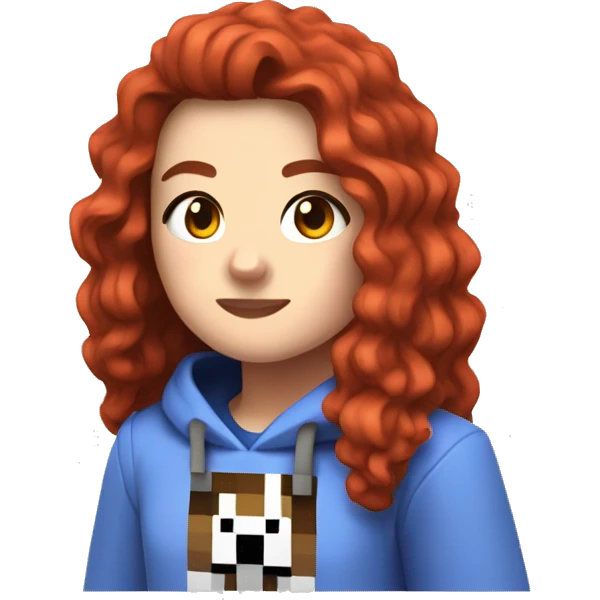 a white girl with long red curly hair, wearing periwinkle Minecraft hoodie playing a videogame emoji