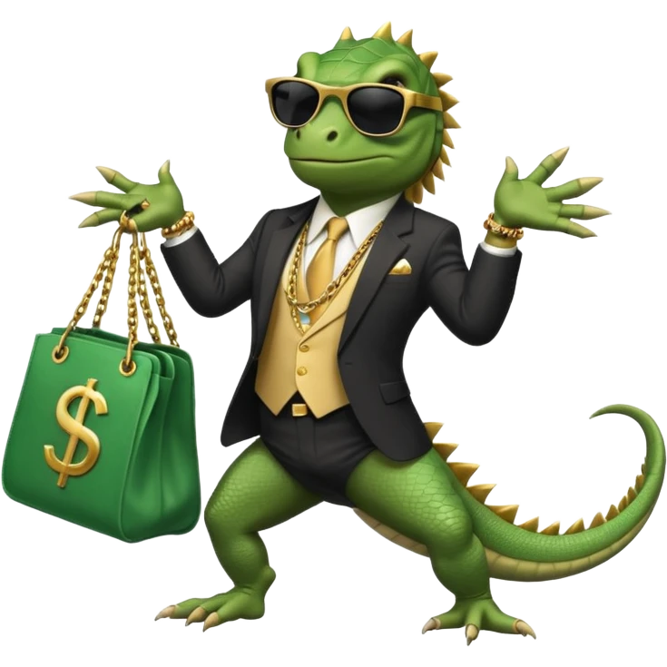 capitalist iguana banker godfather with black sunglasses breakdance with bag emoji