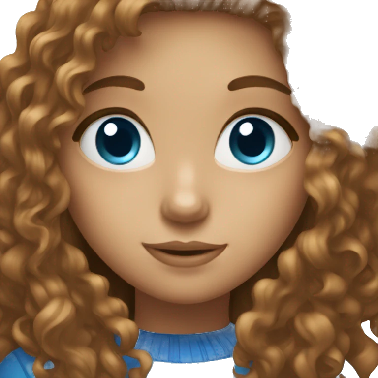 girl with long, brown and curly hair with blue eyes emoji