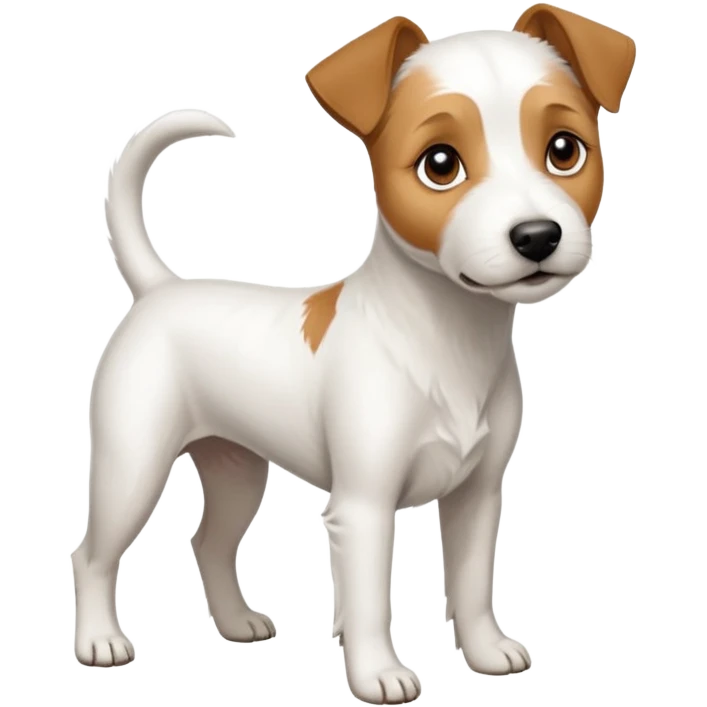a full body white parson russell looking dog the size of a kelpie with light brown ears and a light brown patch on one eye and a large snout emoji