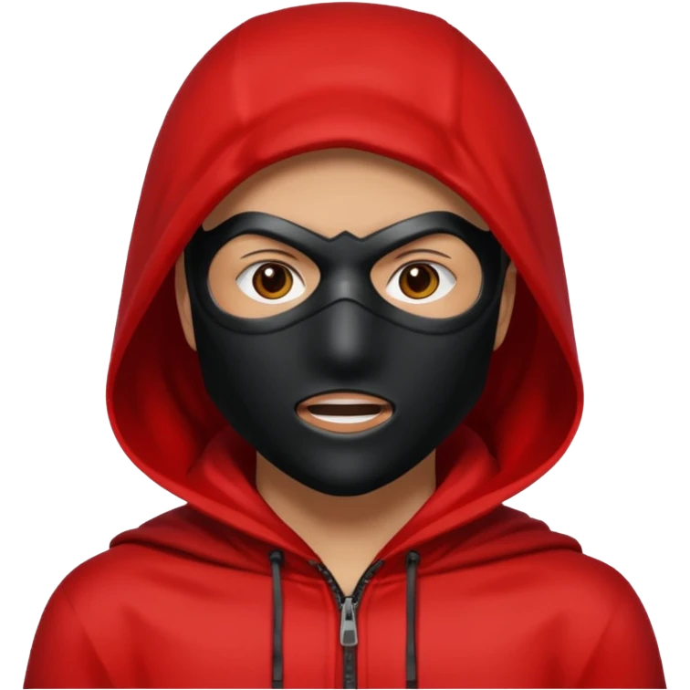 Q person with a red hood on and a black mask with a white square in the middle  emoji