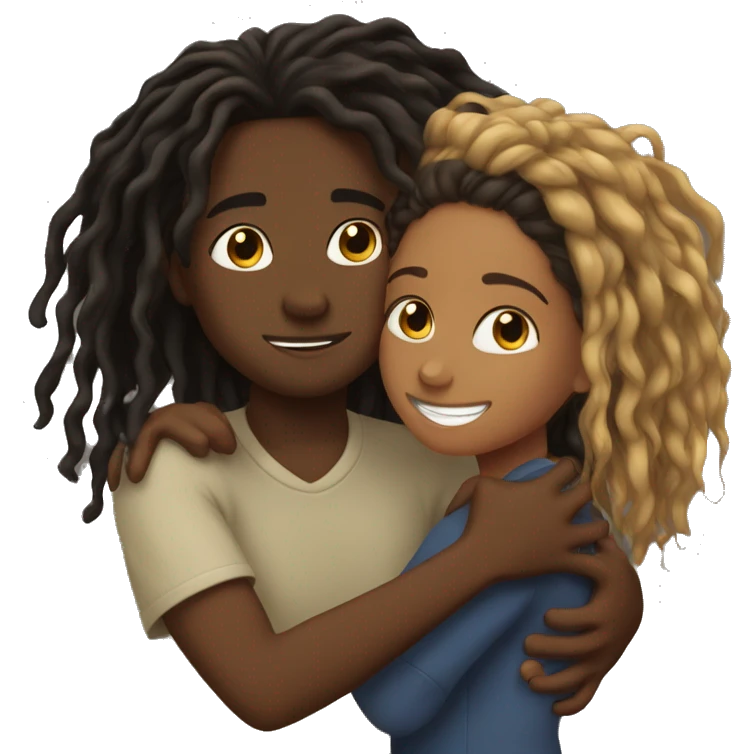Brown girl with wavy hair hugging black boy who has dreads  emoji