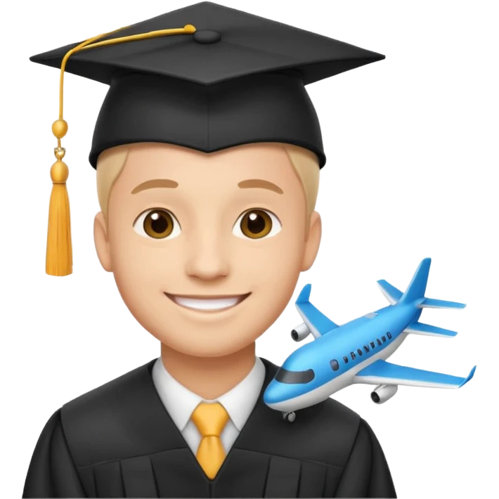 emoji man student at university with graduation cap and airplane, happy, white background emoji