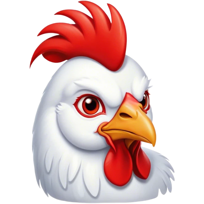 Cinematic Cute White Rooster Portrait Emoji, Head tilted playfully and inquisitively, featuring a glossy, immaculate white plumage with a vibrant red comb, round, sparkling eyes filled with curiosity, Simplified yet irresistibly adorable features, highly detailed, glowing with a warm, friendly glow, high shine, affectionate and spirited, stylized with a touch of farmyard whimsy, bright and endearing, soft glowing outline, capturing the essence of a mischievous yet loving rooster, so playful it feels like it could strut out of the screen and into your arms! emoji