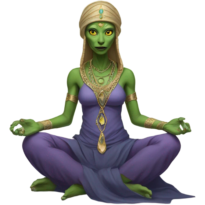 a Reptilian alien woman,in meditation, dress like a priestess emoji