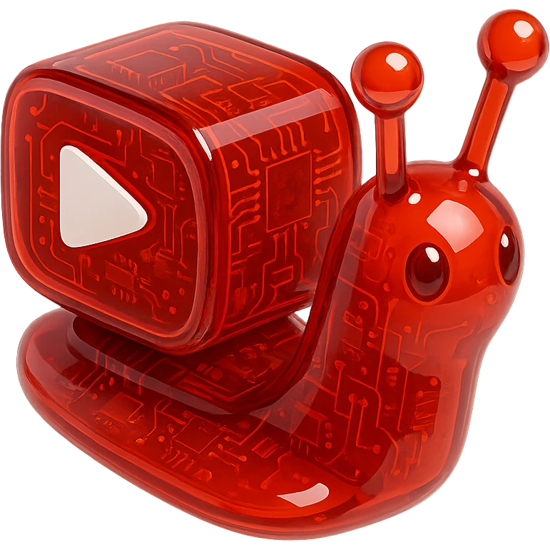 red robot snail with YouTube play button, glossy circuit style emoji