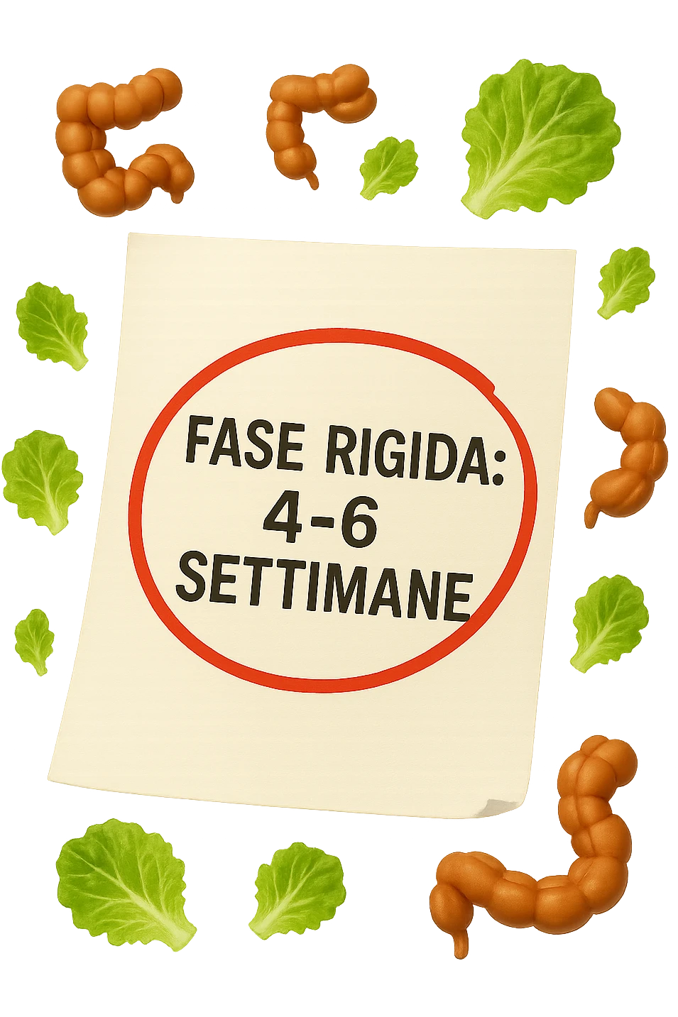 EMOJI STILE IPHONE DI UN foglio di carta fluttua in aria con la scritta "FASE RIGIDA: 4-6 SETTIMANE" CERCHIATA A PENNA IN ROSSO, ATTORNO AL FOGLIO FLUTTUANO PICCOLI TRATTI DI COLON UMANO IN STILE EMOJI E FOGLIE DI INSALATA, REALISTICA 4K emoji
