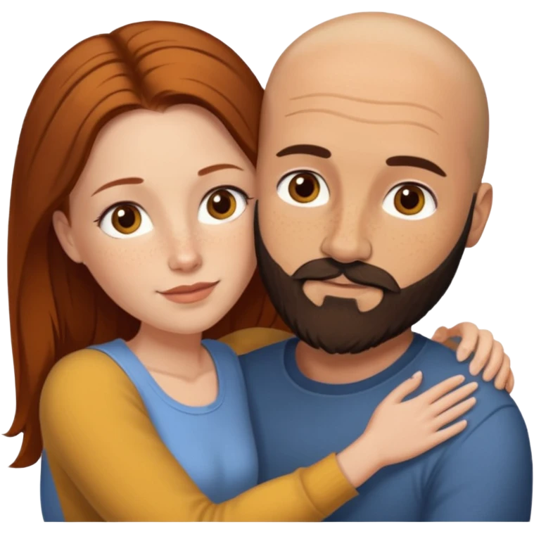 Couple. Bald man with dark brown-black beard. White woman with many small, faded freckles, she has white skin and she has auburn-yellow-brown-cinnamon, dark long hair. She has light brown eyes. The man have hazel eyes. Retro style. They hug. emoji