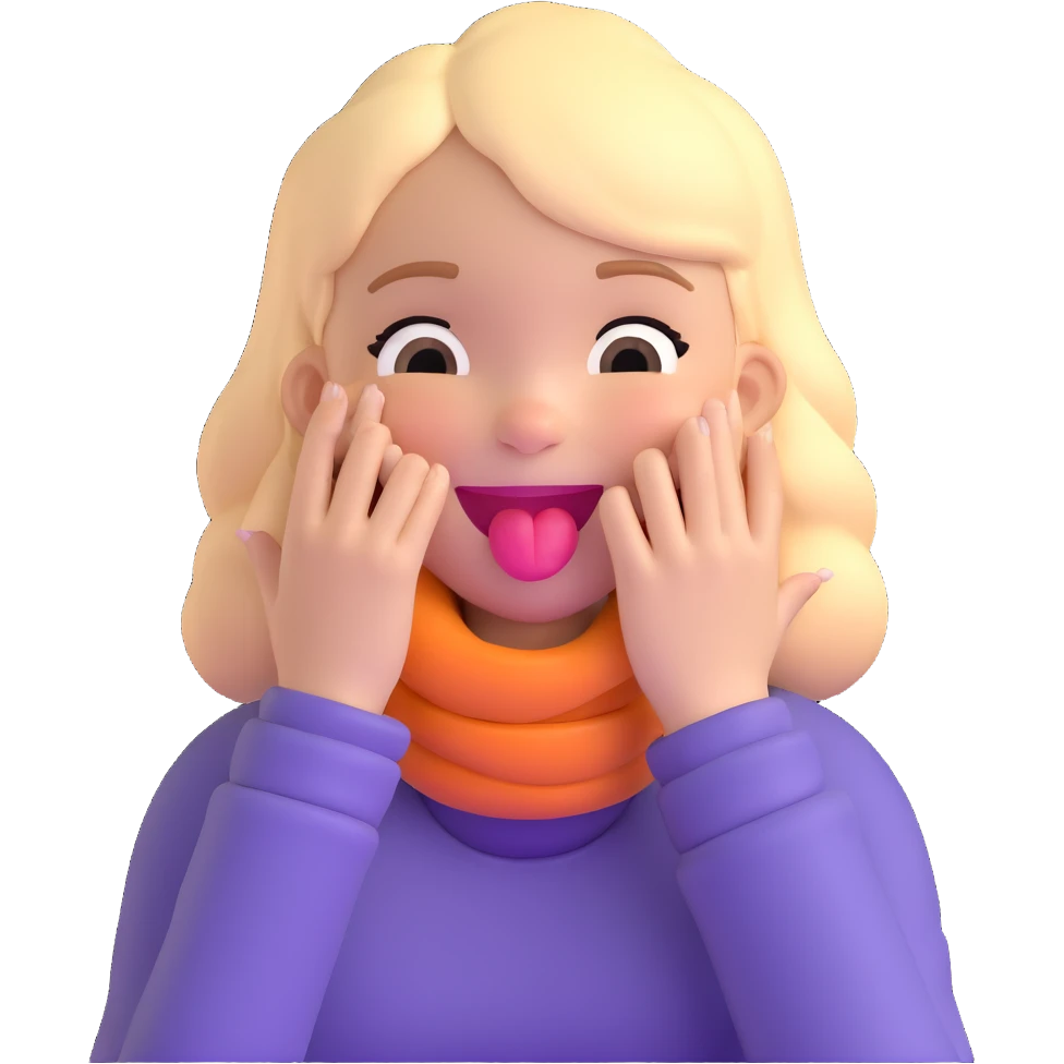 girl with her hands wrapped around her own neck, laughing, tongue out emoji