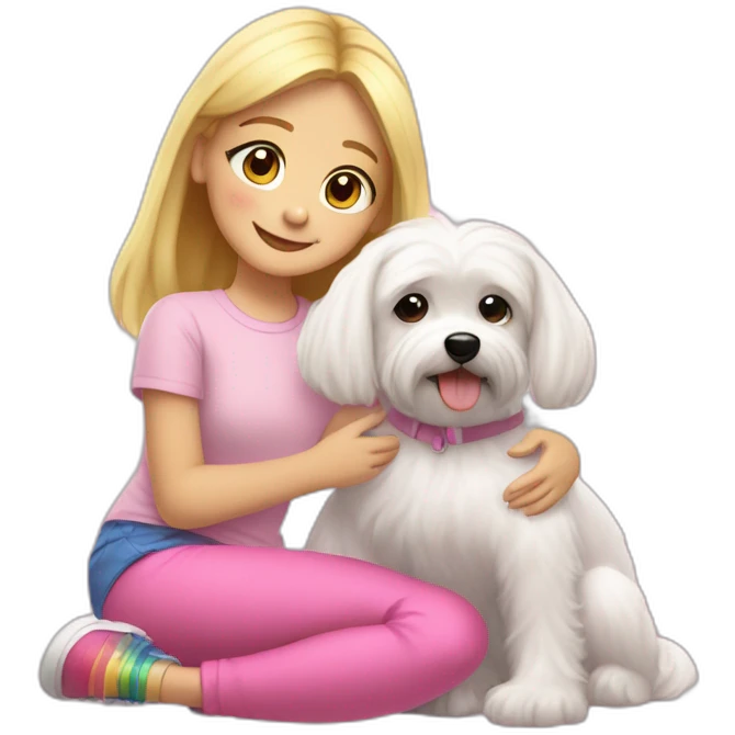 A girl with blonde hair in a ligh pink T-shirt and rainbow leggings hugs a maltese dog emoji