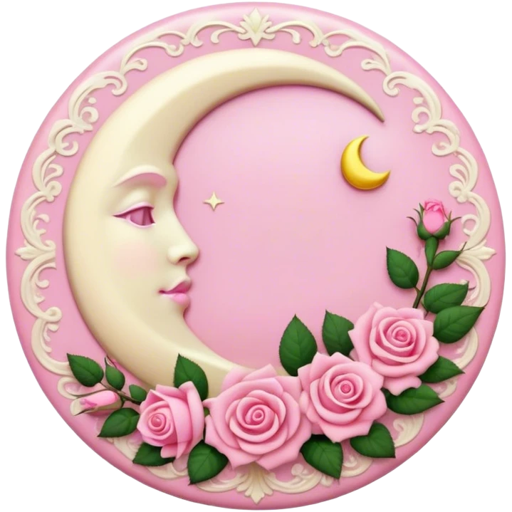 A round pink button with a cream colored crescent damask moon and pink roses in the center emoji