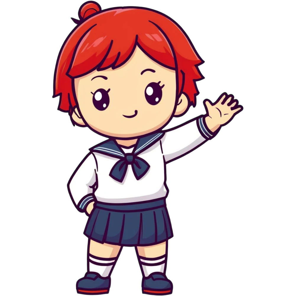 Serious anime girl with short bright red hair wearing Japanese sailor style school uniform, composed expression with hand on hip, confident and stern emoji