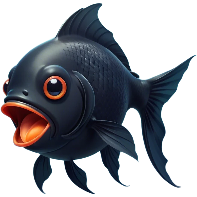 Cinematic Cute Yawning Black Goldfish Portrait Emoji, Head tilted slightly with a dramatic, wide-open yawn, showcasing a smooth, deep black body with elegant, flowing fins, eyes barely open in drowsy contentment, Simplified yet irresistibly adorable features, highly detailed, glowing with a soft, cozy glow, high shine, relaxed yet expressive, stylized with a touch of whimsy, bright and endearing, soft glowing outline, capturing the essence of a sleepy yet affectionate goldfish, so drowsy it feels like it could float out of the screen and curl up for a nap! emoji