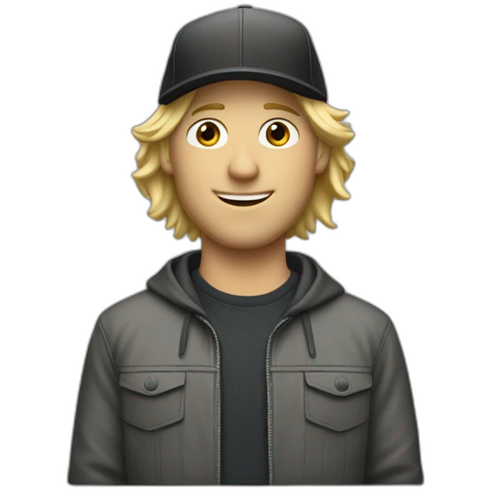 blonde guy wearing a cap with a mac book pro emoji