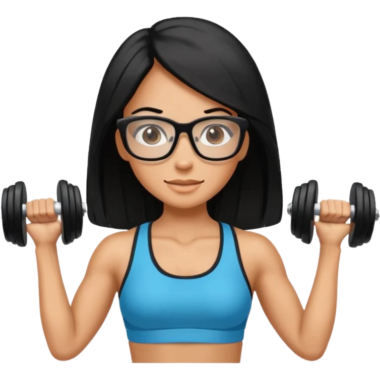 Mujer fitness usando mancuernas con lentes de marco delgado y cabello largo negro emoji