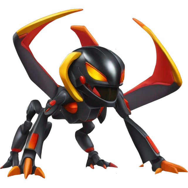 a shiny metallic black-red-orange-yellow Genesect-Flygon-Raptor-Fakémon-Medabot-hybrid with a futuristic visor-helmet full body emoji