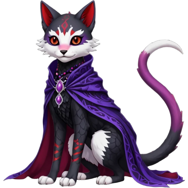 Kawaii feral, four-legged gothic dark badass black, red, purple, beautiful pretty elegant divine edgy feline-vernid-sergal-Trico-fursona-animal-creature, full body, with intricate detailed markings, silken shawl emoji