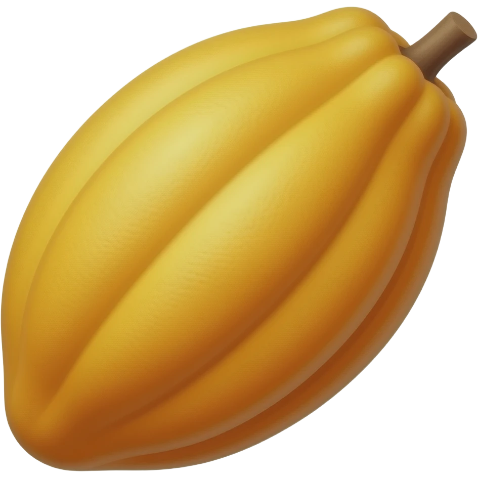 An emoji of a whole cacao fruit, Apple emoji style, high-quality 3D rendering. The fruit should have a vibrant yellow-orange color with realistic groove textures on the peel. Isolated white background, soft lighting, and subtle shadows to give depth. emoji