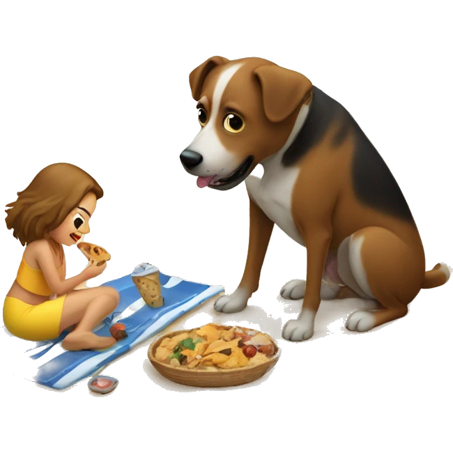 Dog eating on the beach with girl with fat  emoji