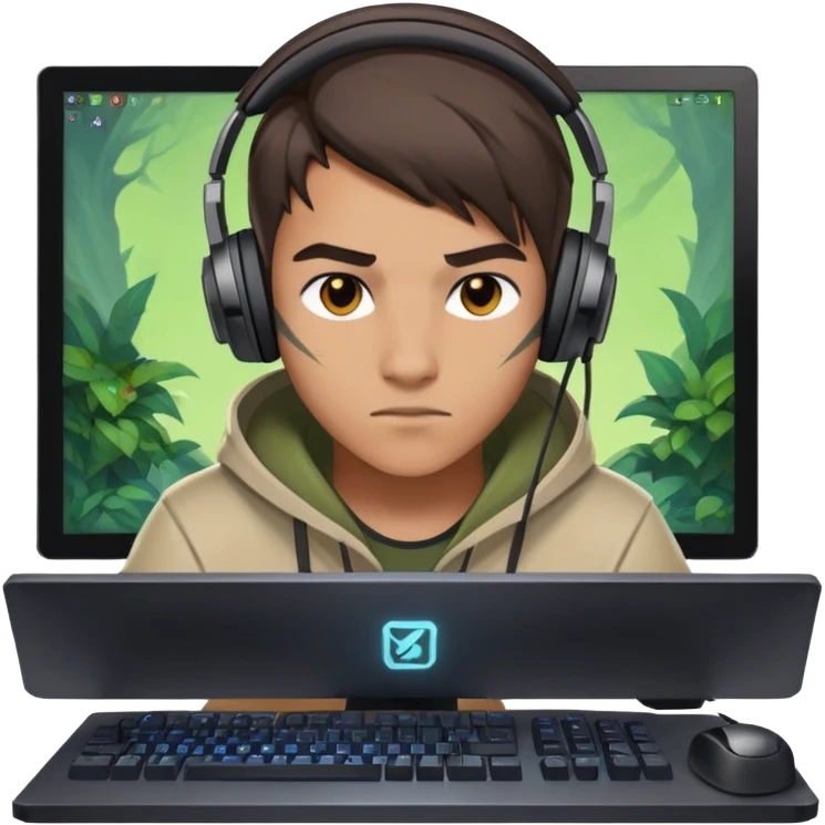 gamer with headphones playing Dota 2, focused on computer screen emoji