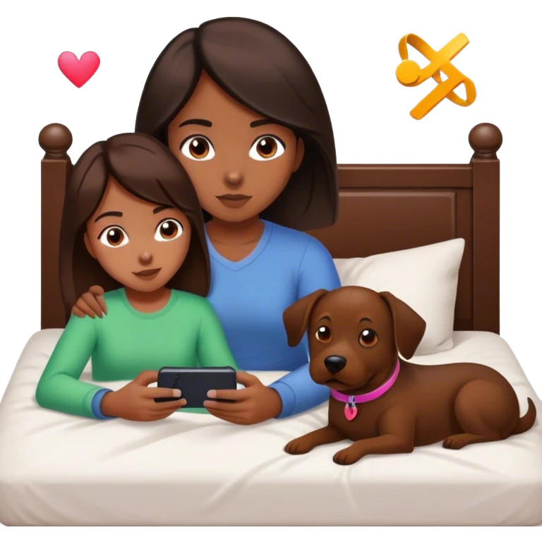 A girl with dark medium brown hair, laser on her bed with her dog, who who is medium brown playing on her phone with her boyfriend with her PlayStation laying beside of her heart is flying all around emoji