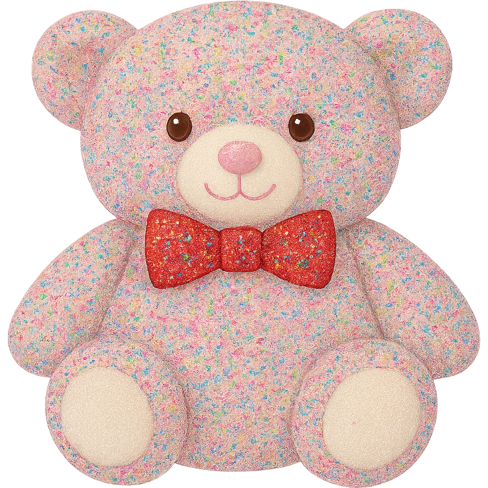 Change the glitter on the teddy bear and bow tie to multicolored glitter, keeping the pink and white fur, flat lighting, no shadows or background, soft plush look, maintain transparency. The style should reflect a soft plush teddy bear with a transparent background and no shadows. emoji